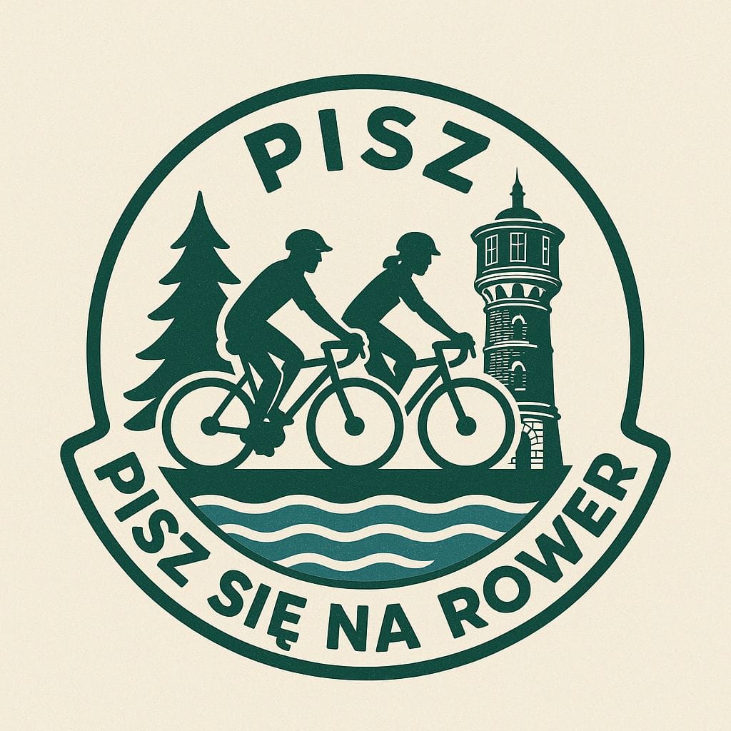 Logo grupy rowerowej Pisz się na rower z symbolami Pisza i rowerzystami