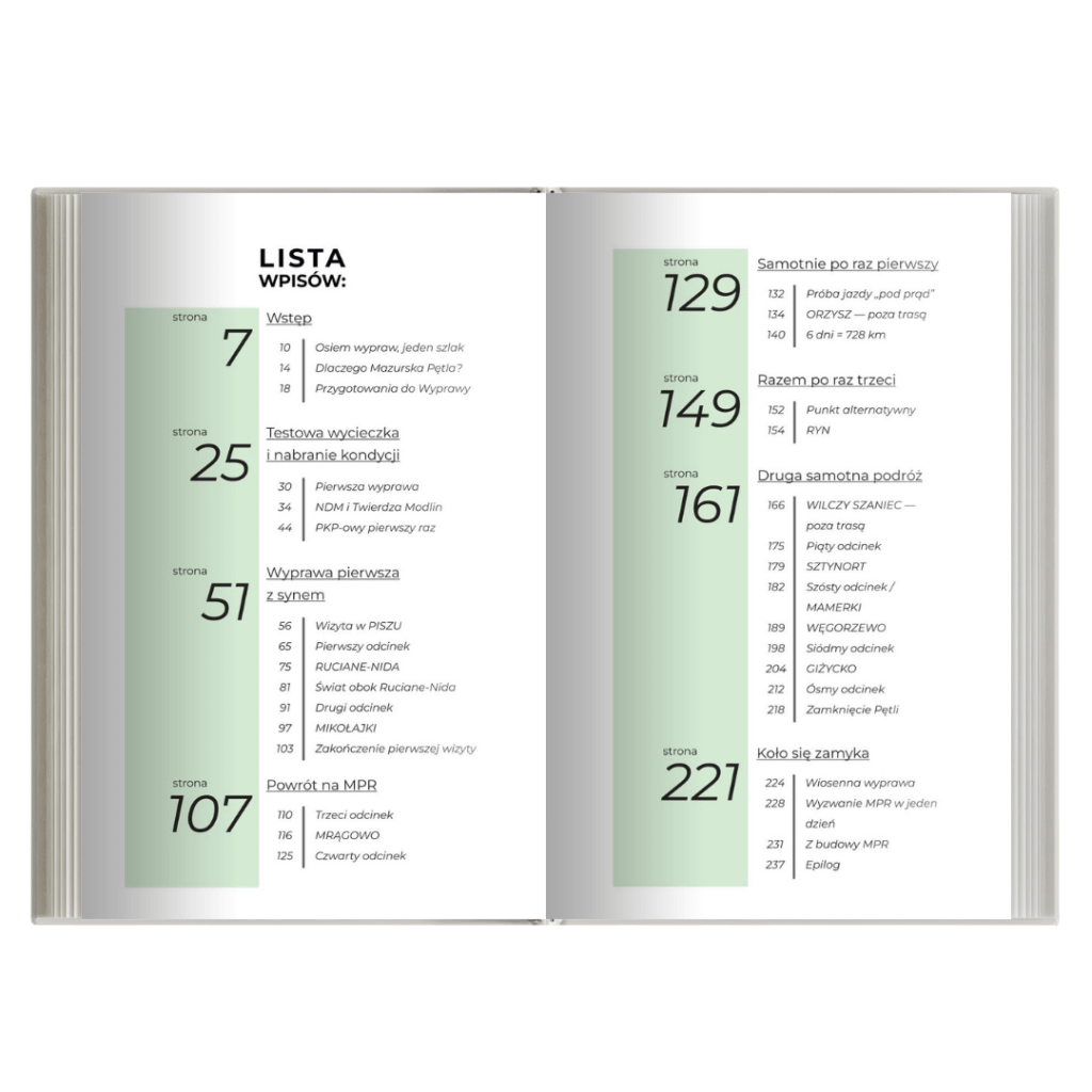 Spis treści książki Dziennik Swobodnej Opowieści Mazurska Pętla Rowerowa