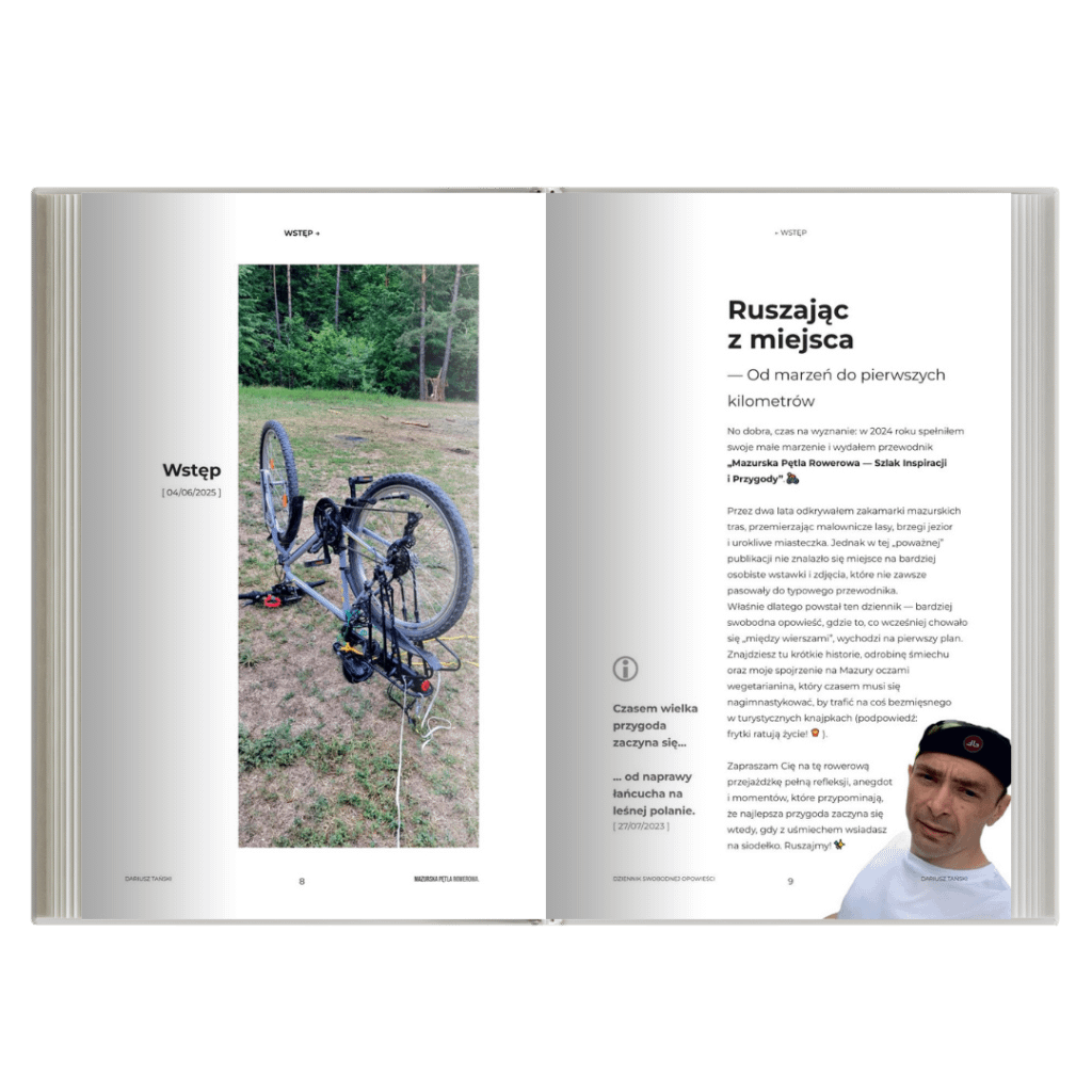 Wnętrze książki Dziennik Swobodnej Opowieści Mazurska Pętla Rowerowa – wstęp i pierwsze strony