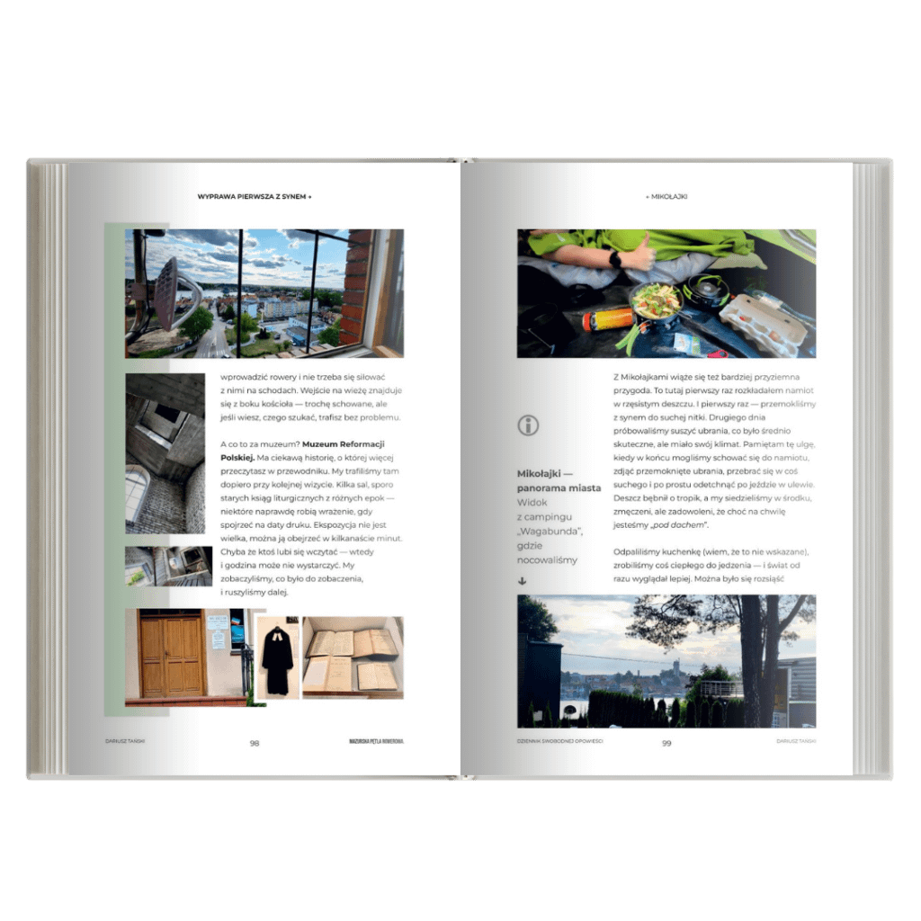 Wnętrze książki Dziennik Swobodnej Opowieści Mazurska Pętla Rowerowa – przykładowe strony z wyprawy
