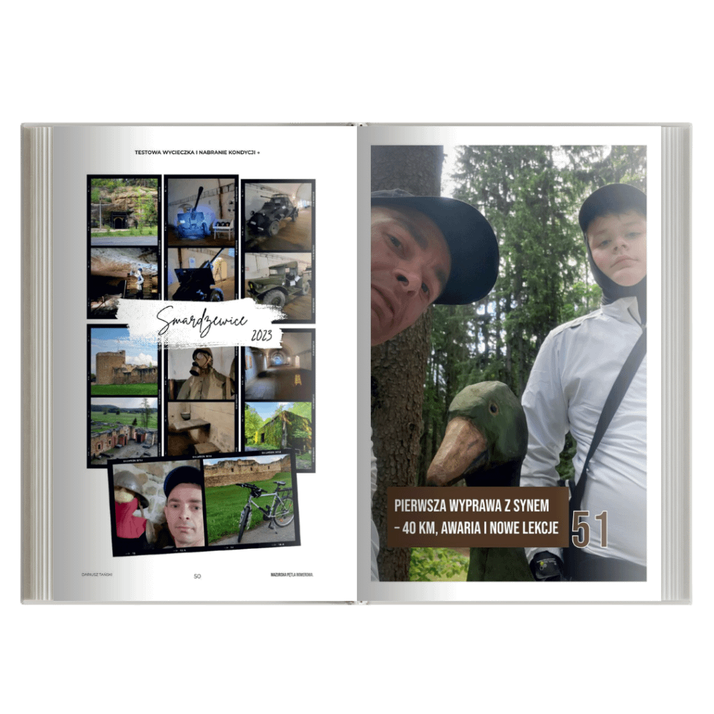 Przykładowa rozkładówka książki Dziennik Swobodnej Opowieści Mazurska Pętla Rowerowa