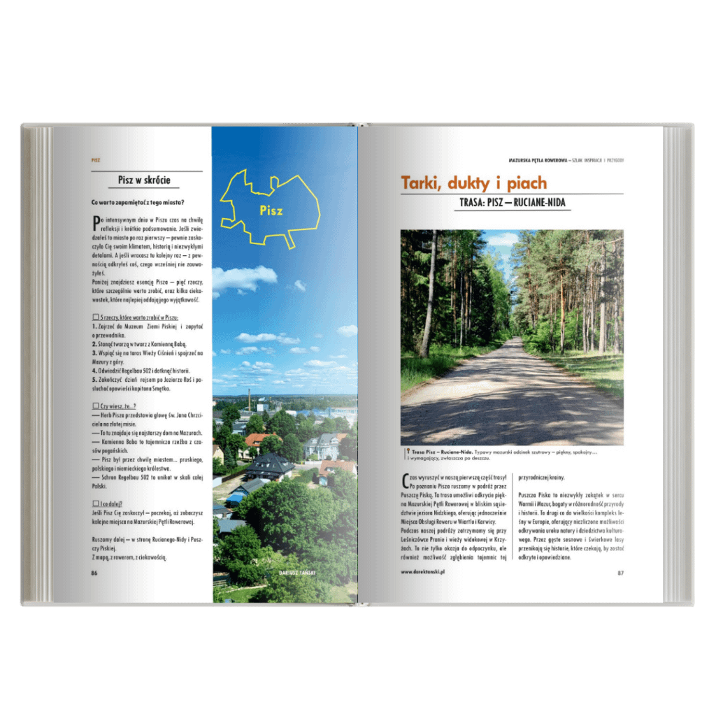 Strony przewodnika Mazurska Pętla Rowerowa z opisem trasy Pisz–Ruciane-Nida