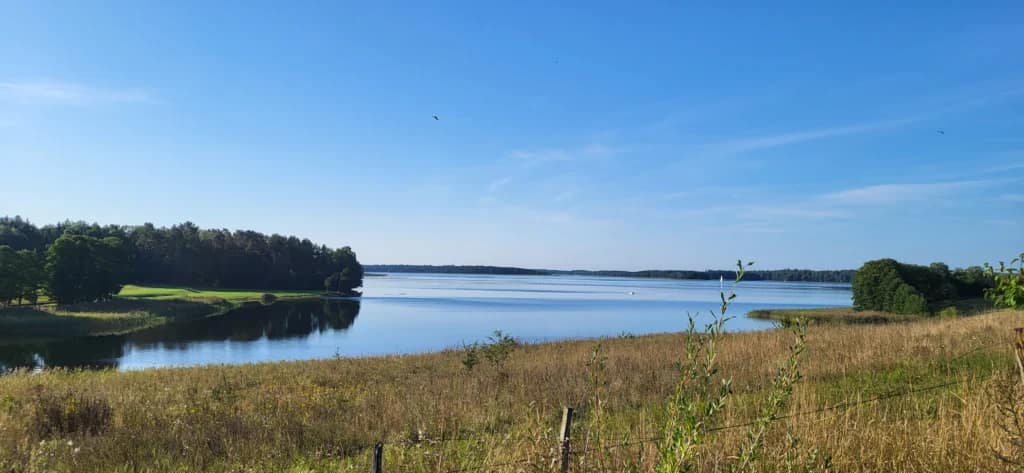 Widok na spokojne wody Jeziora Mamry otoczone malowniczym krajobrazem.