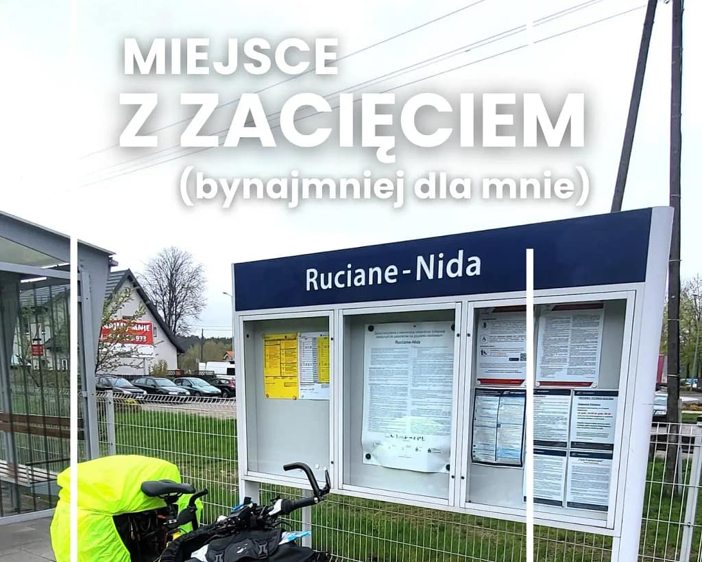 Stacja Ruciane-Nida i rower podczas postoju na trasie