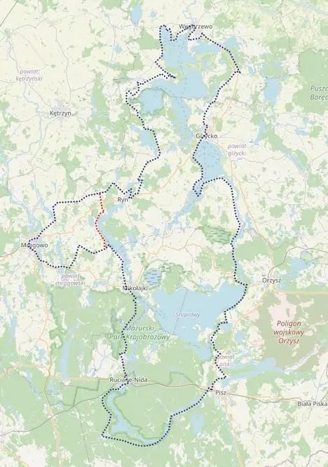 Mapa Mazurskiej Pętli Rowerowej – przebieg całej trasy wokół Wielkich Jezior Mazurskich