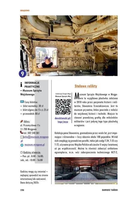 Muzeum Sprzętu Wojskowego w Mrągowie – wnętrze pojazdu pancernego i ekspozycja